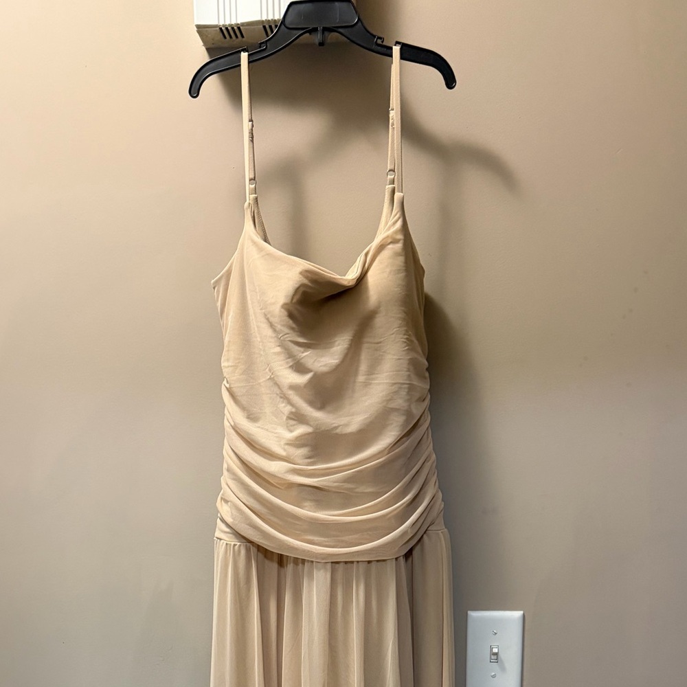 Abercrombie & Fitch cream tan sheer flowy tulle Midi Dress large tall perfect co - Picture 3 of 3